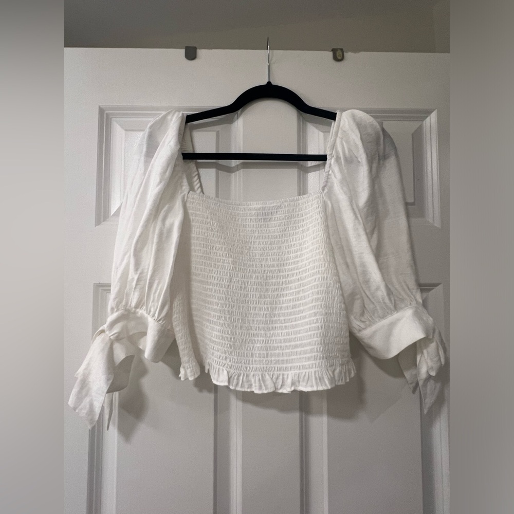 Express smocked square neck linen puff sleeve top